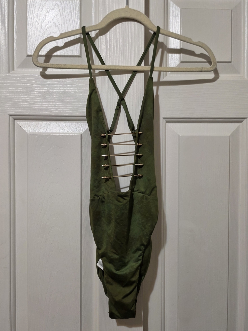 Blue Life One Piece Swimsuit XS Olive Green Tie Dye Bar Stud Front Open Back